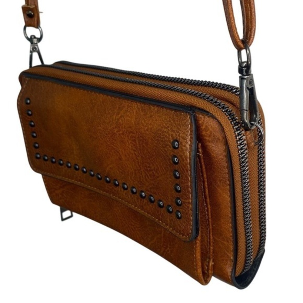 Brown Studded Crossbody Bag Convertible Wallet Clutch Purse Adjustable Strap